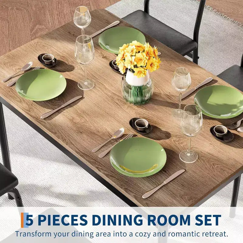 Acekool 5-Piece Dining Table Set, Brown Woodgrain Table , Space Saving, for Kitchen