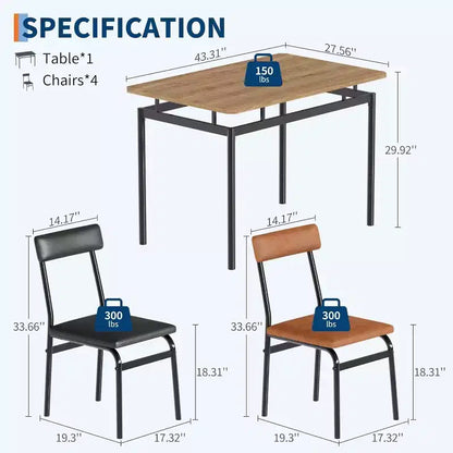 Acekool 5-Piece Dining Table Set, Brown Woodgrain Table , Space Saving, for Kitchen