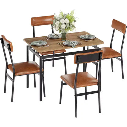 Acekool 5-Piece Dining Table Set, Brown Woodgrain Table , Space Saving, for Kitchen