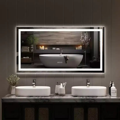 No Frame Led Bathroom Mirror with Front and Backlit, Stepless Dimmabl, Anti-Fog, Shatter-Proof for Wall (Horizontal/Vertical)