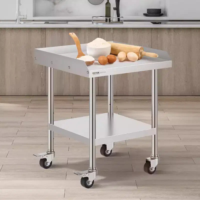 Table de préparation professionnelle en acier inoxydable avec 4 roulettes, pare-éclaboussures 3 côtés, table de travail robuste en métal pour restaurant, maison et hôtel
