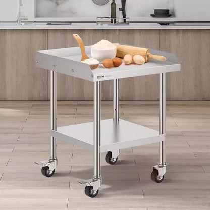 Table de préparation professionnelle en acier inoxydable avec 4 roulettes, pare-éclaboussures 3 côtés, table de travail robuste en métal pour restaurant, maison et hôtel