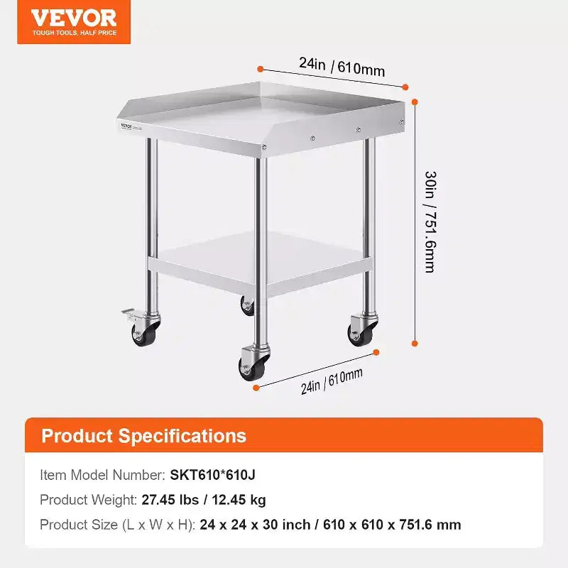 Table de préparation professionnelle en acier inoxydable avec 4 roulettes, pare-éclaboussures 3 côtés, table de travail robuste en métal pour restaurant, maison et hôtel