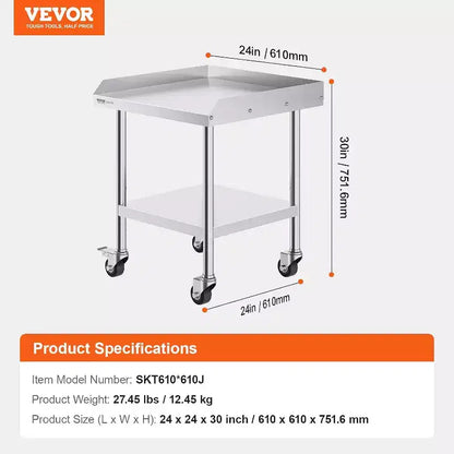 Table de préparation professionnelle en acier inoxydable avec 4 roulettes, pare-éclaboussures 3 côtés, table de travail robuste en métal pour restaurant, maison et hôtel