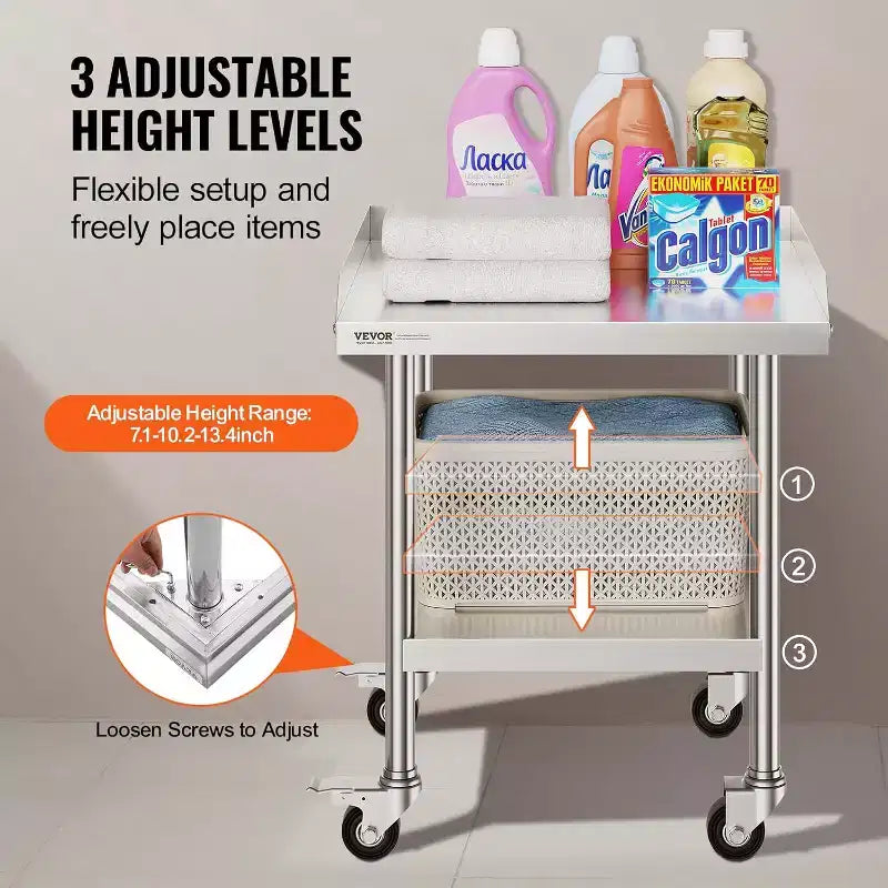 Table de préparation professionnelle en acier inoxydable avec 4 roulettes, pare-éclaboussures 3 côtés, table de travail robuste en métal pour restaurant, maison et hôtel