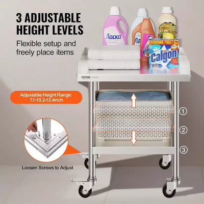 Table de préparation professionnelle en acier inoxydable avec 4 roulettes, pare-éclaboussures 3 côtés, table de travail robuste en métal pour restaurant, maison et hôtel