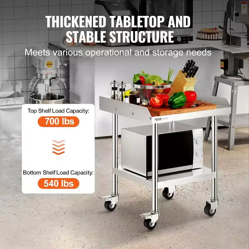 Table de préparation professionnelle en acier inoxydable avec 4 roulettes, pare-éclaboussures 3 côtés, table de travail robuste en métal pour restaurant, maison et hôtel