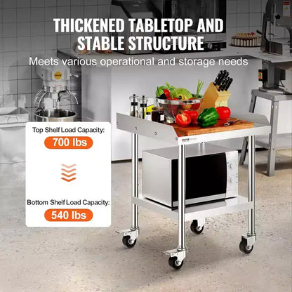 Table de préparation professionnelle en acier inoxydable avec 4 roulettes, pare-éclaboussures 3 côtés, table de travail robuste en métal pour restaurant, maison et hôtel
