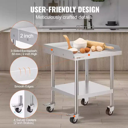 Table de préparation professionnelle en acier inoxydable avec 4 roulettes, pare-éclaboussures 3 côtés, table de travail robuste en métal pour restaurant, maison et hôtel