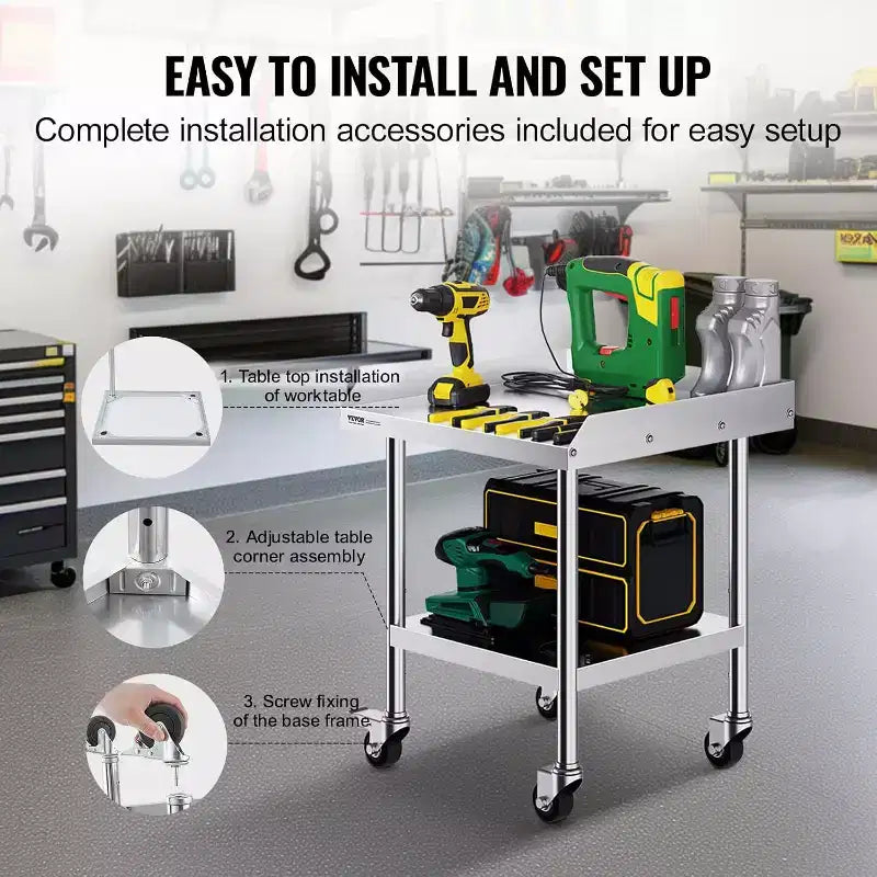 Table de préparation professionnelle en acier inoxydable avec 4 roulettes, pare-éclaboussures 3 côtés, table de travail robuste en métal pour restaurant, maison et hôtel