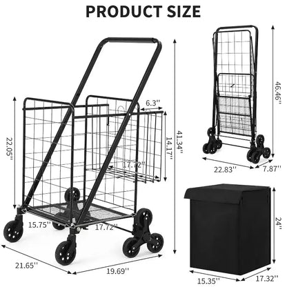 Stair Climbing Shopping Cart with Waterproof Liner, Folding Utility Cart with Rear Tri-Wheels, 360 Degree Swivel Wheels, Portable Collapsible Grocery