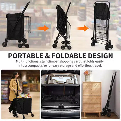 Stair Climbing Shopping Cart with Waterproof Liner, Folding Utility Cart with Rear Tri-Wheels, 360 Degree Swivel Wheels, Portable Collapsible Grocery