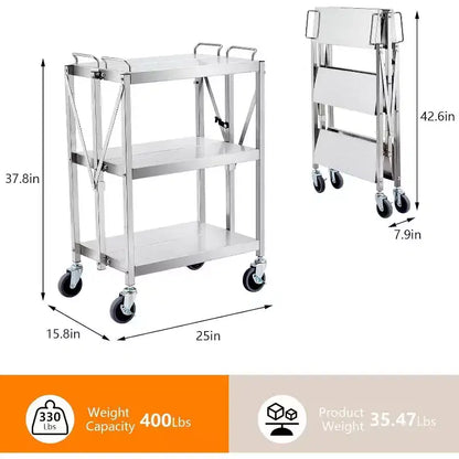 Chariot de service pliant à 3 niveaux en acier inoxydable, capacité de 136 kg, chariot roulant portable pour cuisine et atelier