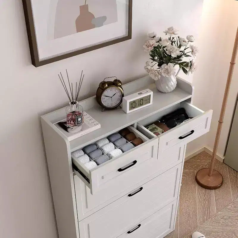 Meuble à chaussures avec 3 tiroirs basculants et 2 tiroirs, meuble à chaussures en bois caché pour entrée, meuble de rangement à chaussures sur pied, étagère à chaussures étroite