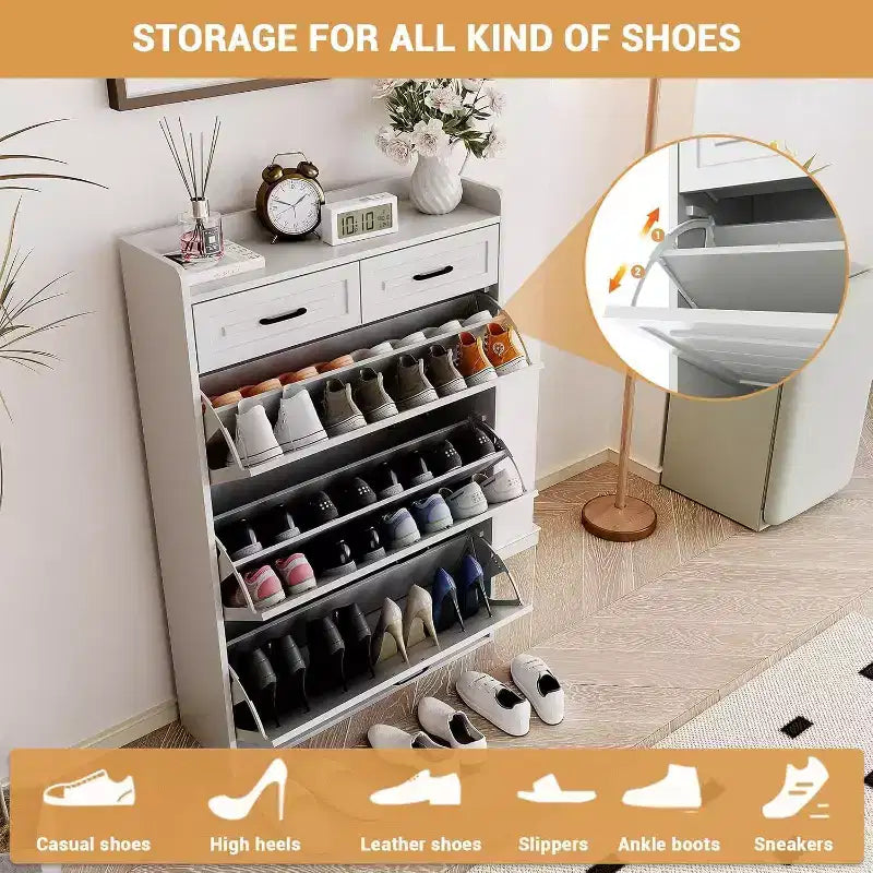 Meuble à chaussures avec 3 tiroirs basculants et 2 tiroirs, meuble à chaussures en bois caché pour entrée, meuble de rangement à chaussures sur pied, étagère à chaussures étroite