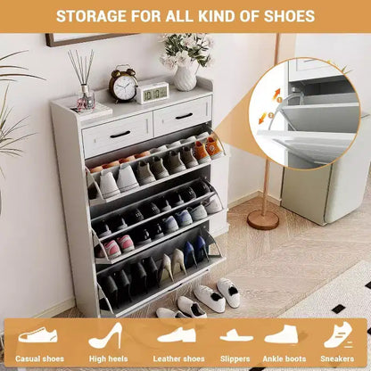 Meuble à chaussures avec 3 tiroirs basculants et 2 tiroirs, meuble à chaussures en bois caché pour entrée, meuble de rangement à chaussures sur pied, étagère à chaussures étroite
