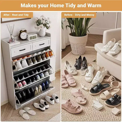 Meuble à chaussures avec 3 tiroirs basculants et 2 tiroirs, meuble à chaussures en bois caché pour entrée, meuble de rangement à chaussures sur pied, étagère à chaussures étroite