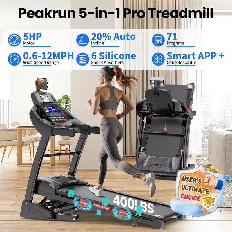 5HP Folding Treadmill w/ 20% Auto Incline for Home w/ 400LB Capacity, Walking Jogging Treadmill w/ Smart APP Control, 71 Programs, 12MPH Treadmill