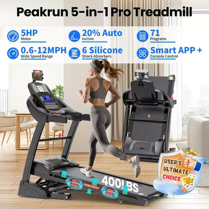 5HP Folding Treadmill w/ 20% Auto Incline for Home w/ 400LB Capacity, Walking Jogging Treadmill w/ Smart APP Control, 71 Programs, 12MPH Treadmill