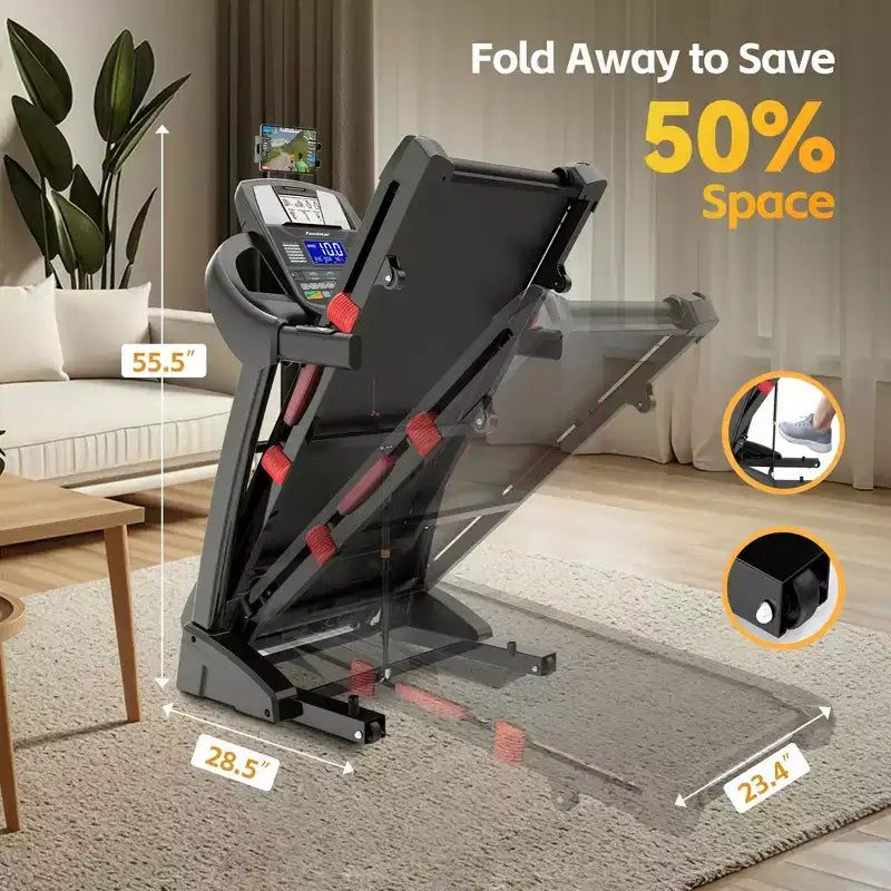 Folding Treadmill with 400lbs Capacity, Treadmill for Home with 20% Incline, Portable Treadmill with APP Control, 64+3+3+1Programs,Space-Saving Design