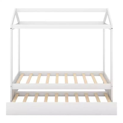 Luxystar Twin Size Wood House Bed with Trundle, White