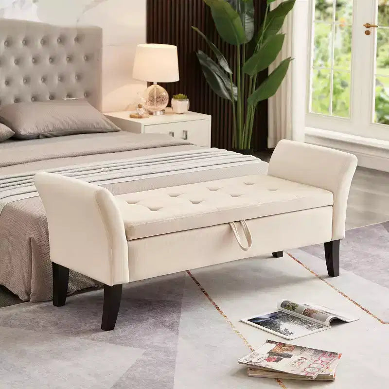 51.5 upholstered storage bench with button-tufted seat & safety hinge, luxury shoe bench for entryway, bedroom, or end of bed, beige.