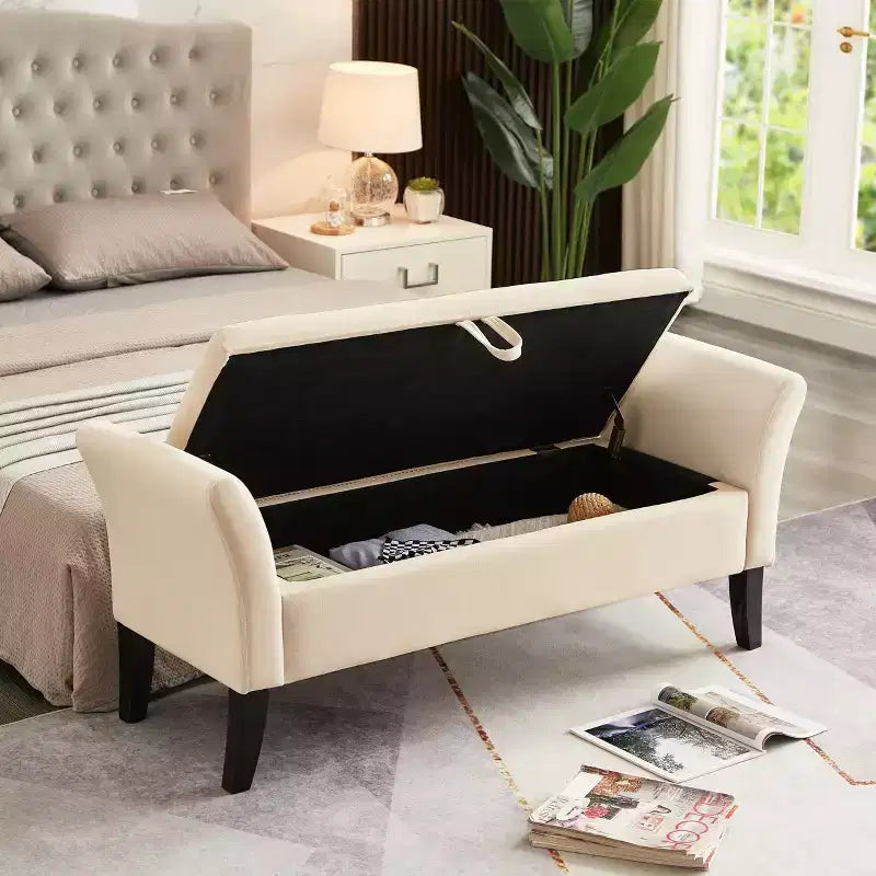 Banc de rangement capitonné de 130,8 cm avec siège touffeté et charnière de sécurité, banc à chaussures de luxe pour entrée, chambre ou bout de lit, beige.