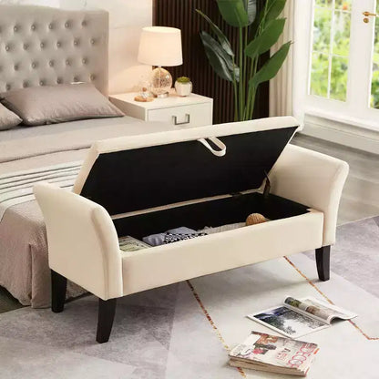 Banc de rangement capitonné de 130,8 cm avec siège touffeté et charnière de sécurité, banc à chaussures de luxe pour entrée, chambre ou bout de lit, beige.