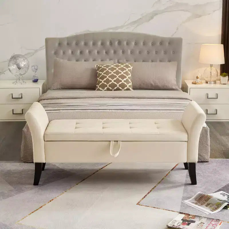 Banc de rangement capitonné de 130,8 cm avec siège touffeté et charnière de sécurité, banc à chaussures de luxe pour entrée, chambre ou bout de lit, beige.
