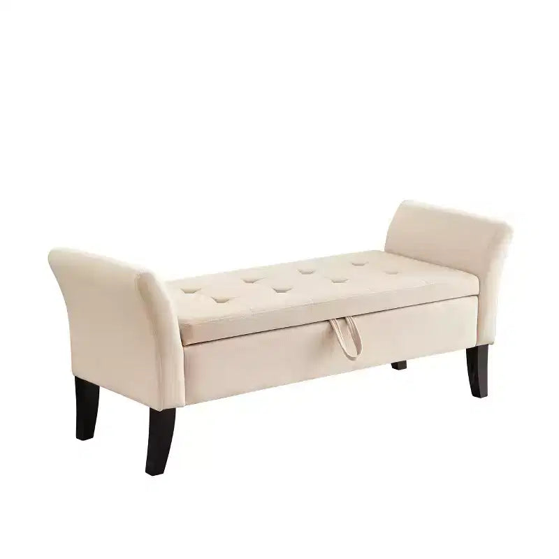 Banc de rangement capitonné de 130,8 cm avec siège touffeté et charnière de sécurité, banc à chaussures de luxe pour entrée, chambre ou bout de lit, beige.