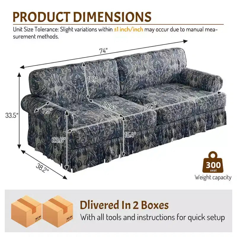 MAYEERTY 74 Luxuriously Comfortable 3 Seater Cloud Couch, Oxford Fabric Sofa with Rolled Arms & Pleated Skirt Design Blue Floral
