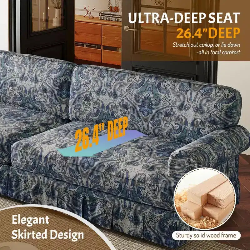 MAYEERTY 74 Luxuriously Comfortable 3 Seater Cloud Couch, Oxford Fabric Sofa with Rolled Arms & Pleated Skirt Design Blue Floral