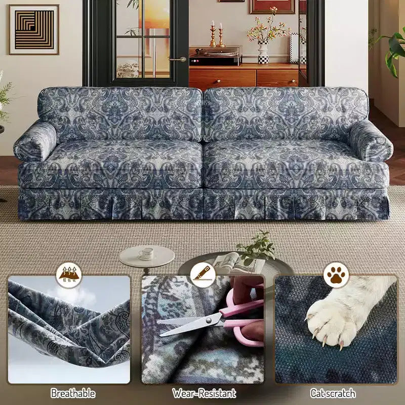 MAYEERTY 74 Luxuriously Comfortable 3 Seater Cloud Couch, Oxford Fabric Sofa with Rolled Arms & Pleated Skirt Design Blue Floral
