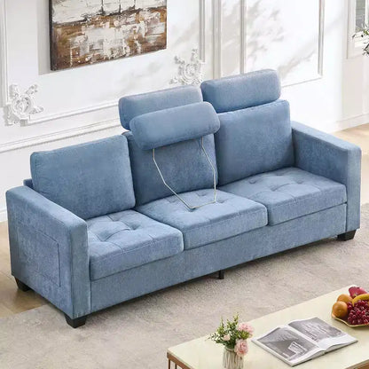 Canapé 3 places surdimensionné de 89 pouces, en tissu chenille, avec larges accoudoirs, appuie-tête amovible et poches de rangement latérales pour le bureau à domicile.