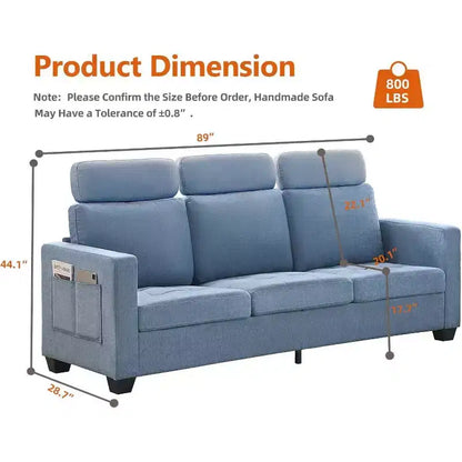 Canapé 3 places surdimensionné de 89 pouces, en tissu chenille, avec larges accoudoirs, appuie-tête amovible et poches de rangement latérales pour le bureau à domicile.