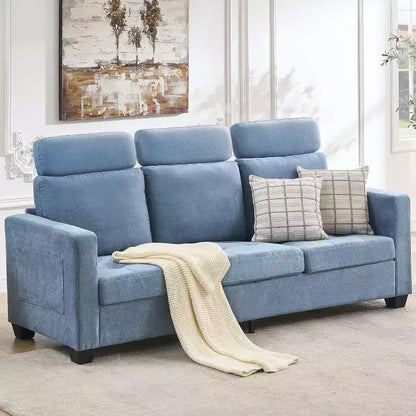 Canapé 3 places surdimensionné de 89 pouces, en tissu chenille, avec larges accoudoirs, appuie-tête amovible et poches de rangement latérales pour le bureau à domicile.