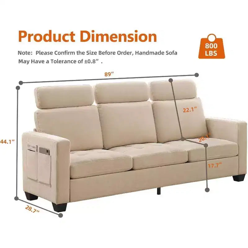 Canapé 3 places surdimensionné de 89 pouces, en tissu chenille, avec larges accoudoirs, appuie-tête amovible et poches de rangement latérales pour le bureau à domicile.
