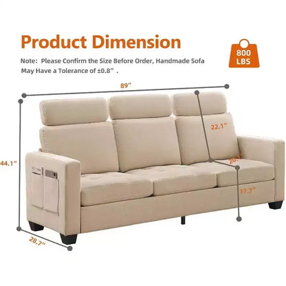 Canapé 3 places surdimensionné de 89 pouces, en tissu chenille, avec larges accoudoirs, appuie-tête amovible et poches de rangement latérales pour le bureau à domicile.