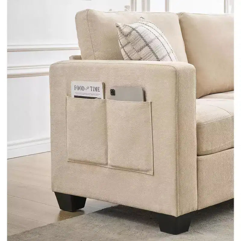 Canapé 3 places surdimensionné de 89 pouces, en tissu chenille, avec larges accoudoirs, appuie-tête amovible et poches de rangement latérales pour le bureau à domicile.