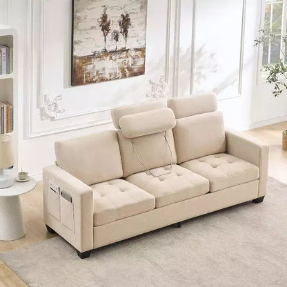Canapé 3 places surdimensionné de 89 pouces, en tissu chenille, avec larges accoudoirs, appuie-tête amovible et poches de rangement latérales pour le bureau à domicile.