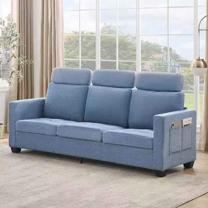 Canapé 3 places surdimensionné de 89 pouces, en tissu chenille, avec larges accoudoirs, appuie-tête amovible et poches de rangement latérales pour le bureau à domicile.