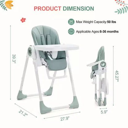 Folding High Chair for Babies & Toddlers - Adjustable 5-Point Safety Harness, Multiple Recline, Removable Easy-Clean Tray & Lightweight Design