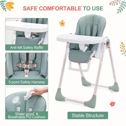 Folding High Chair for Babies & Toddlers - Adjustable 5-Point Safety Harness, Multiple Recline, Removable Easy-Clean Tray & Lightweight Design