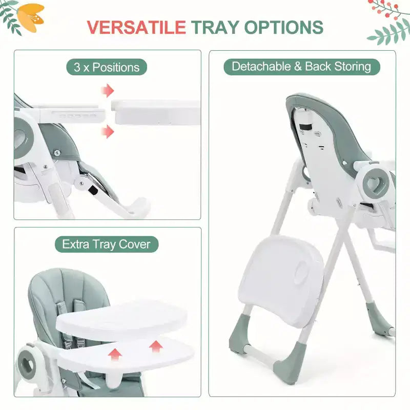 Folding High Chair for Babies & Toddlers - Adjustable 5-Point Safety Harness, Multiple Recline, Removable Easy-Clean Tray & Lightweight Design