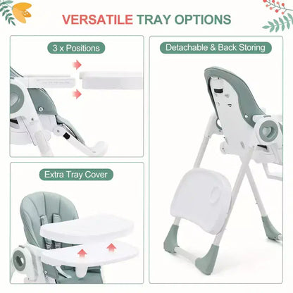 Folding High Chair for Babies & Toddlers - Adjustable 5-Point Safety Harness, Multiple Recline, Removable Easy-Clean Tray & Lightweight Design