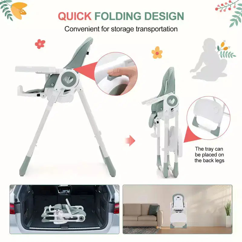 Folding High Chair for Babies & Toddlers - Adjustable 5-Point Safety Harness, Multiple Recline, Removable Easy-Clean Tray & Lightweight Design