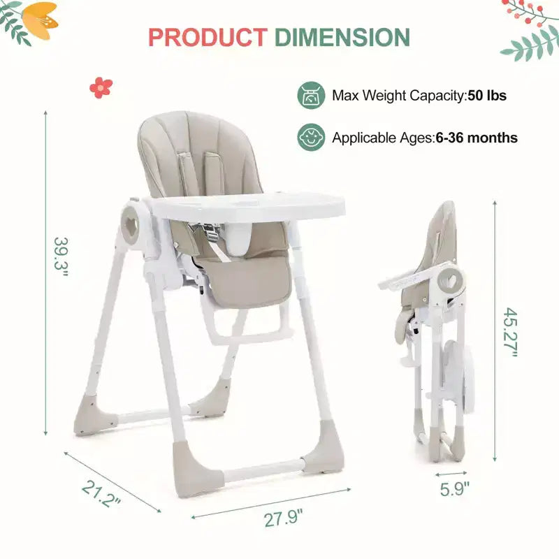 Folding High Chair for Babies & Toddlers - Adjustable 5-Point Safety Harness, Multiple Recline, Removable Easy-Clean Tray & Lightweight Design