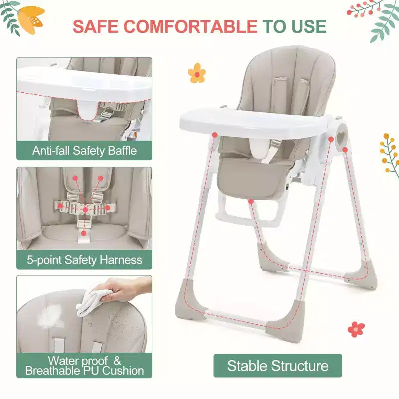 Folding High Chair for Babies & Toddlers - Adjustable 5-Point Safety Harness, Multiple Recline, Removable Easy-Clean Tray & Lightweight Design