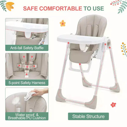 Folding High Chair for Babies & Toddlers - Adjustable 5-Point Safety Harness, Multiple Recline, Removable Easy-Clean Tray & Lightweight Design