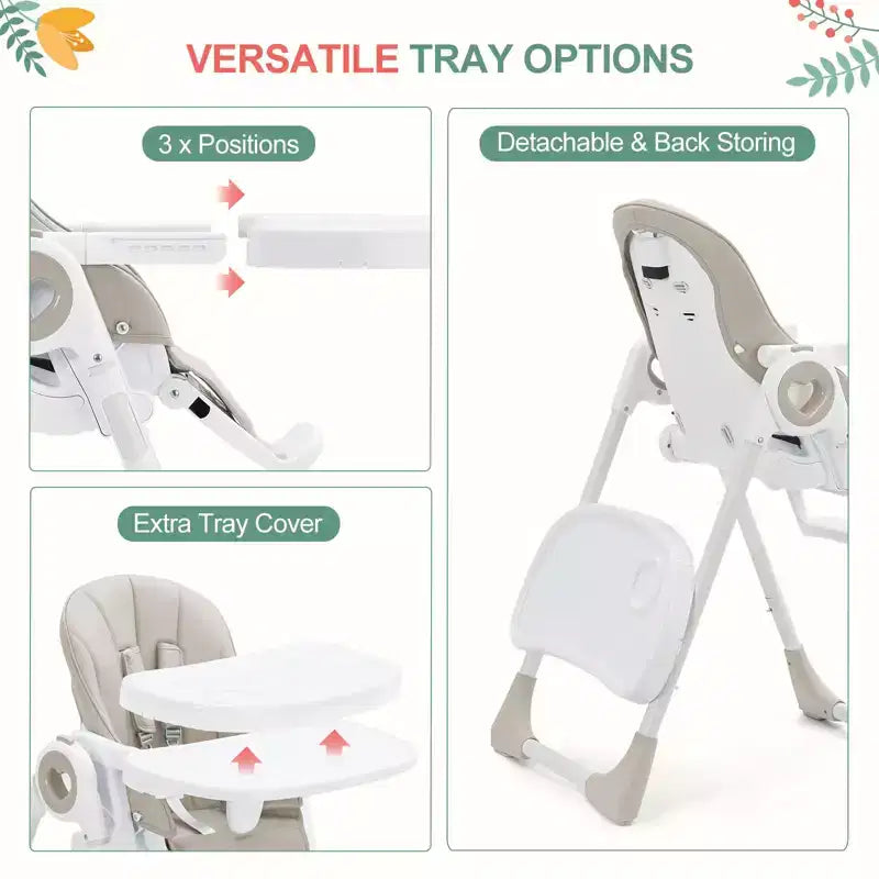 Folding High Chair for Babies & Toddlers - Adjustable 5-Point Safety Harness, Multiple Recline, Removable Easy-Clean Tray & Lightweight Design